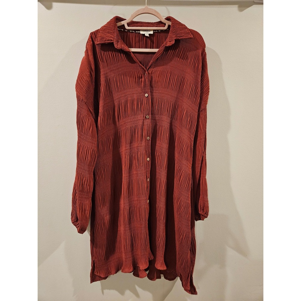 Umgee Rust Orange Ribbed Button Front Tunic Shirt Dress Large Boho‎ Peasant